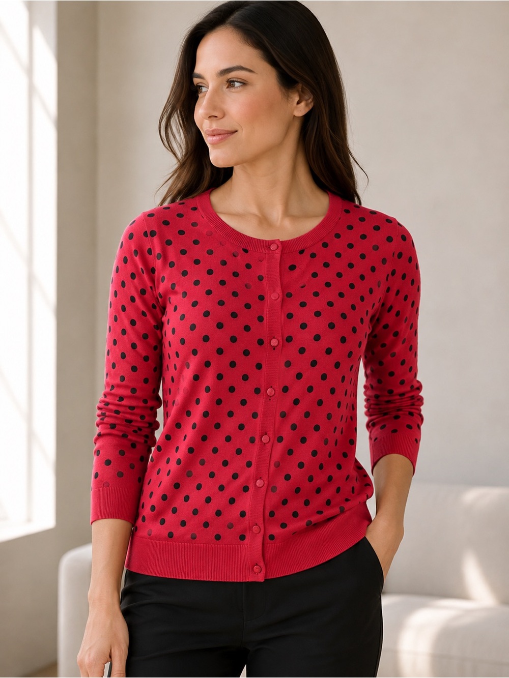 Cable & Gauge Red and Black Polka Dot Button-Front Cardigan